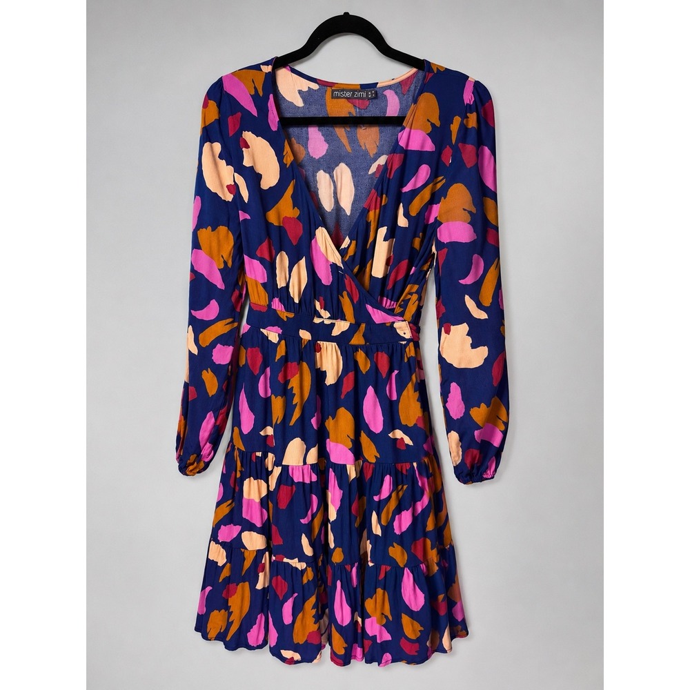 Mister Zimi Abstract Floral Tiered Mini Dress Long Sleeve Shift Boho Small US 6